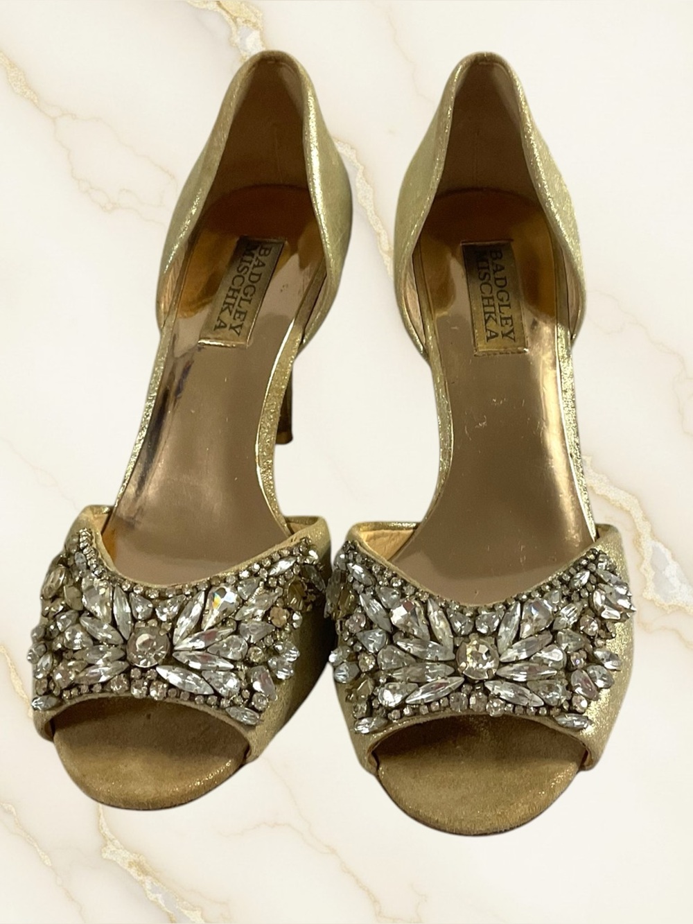 Badgley Mischka Gold Crystal-Embellished D'Orsay Peep-Toe Heels Women's Size 7